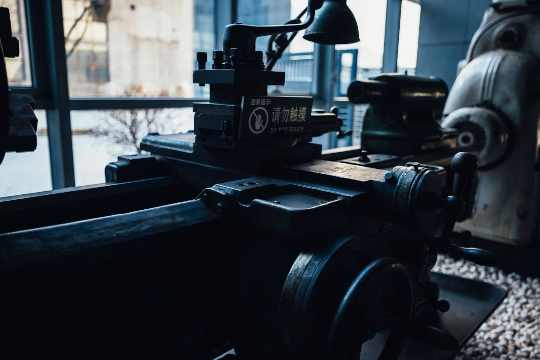 Traditional metal lathe in a working workshop